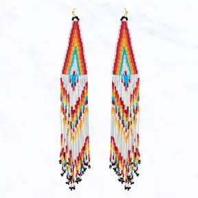 Aztec Pattern Seed Bead Fringe Drop Western Earrings