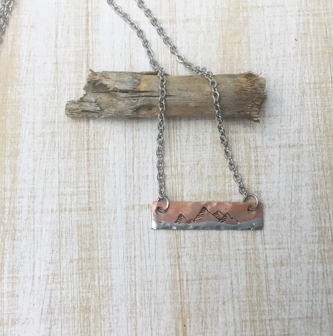 Mountain mixed metal copper bar necklace - mountains